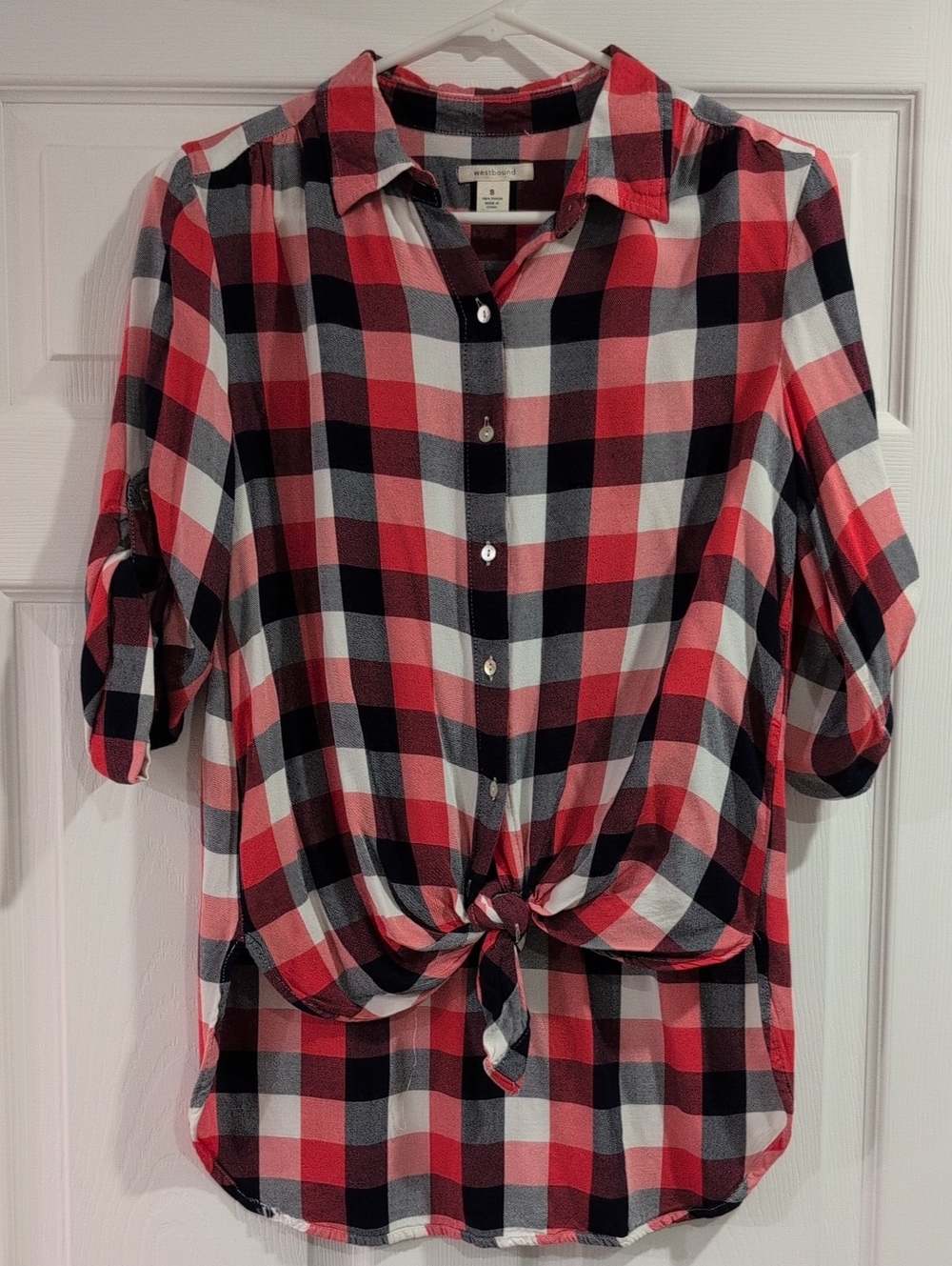 Westbound Womens Pink/Red/Black Plaid Button-Front Tie-Hem Top